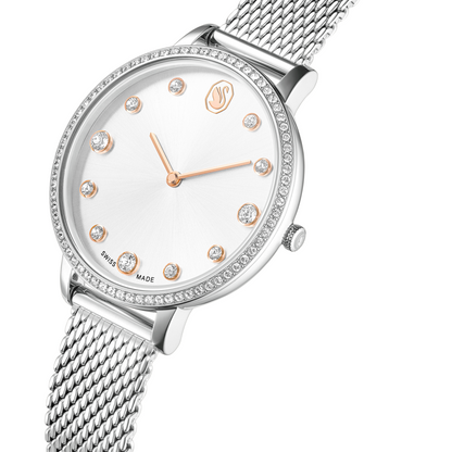 Silver watch with a white face and rose gold accents on a white background