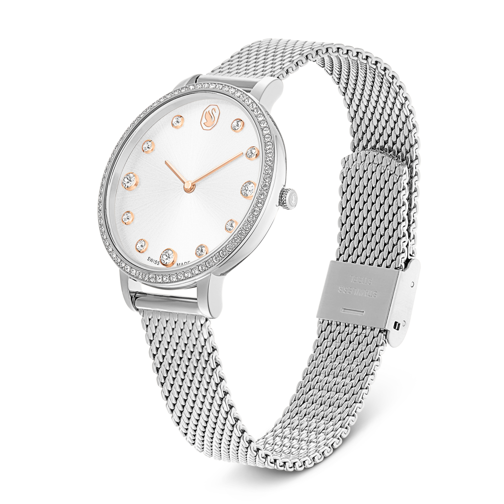 Silver watch with mesh band and white face on a white background