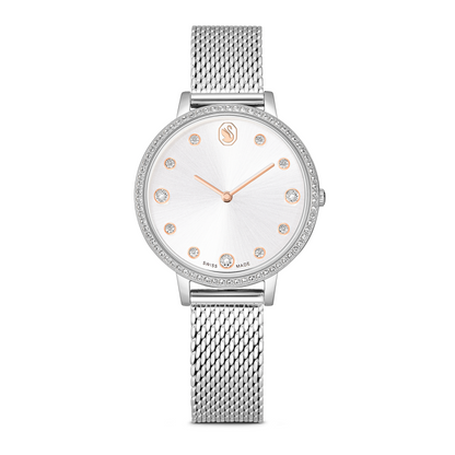 Silver watch with mesh band and white face on a white background