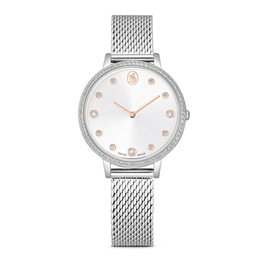 Silver watch with mesh band and white face on a white background