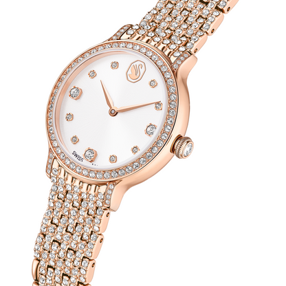 Rose gold watch with diamond-studded bracelet on a white background