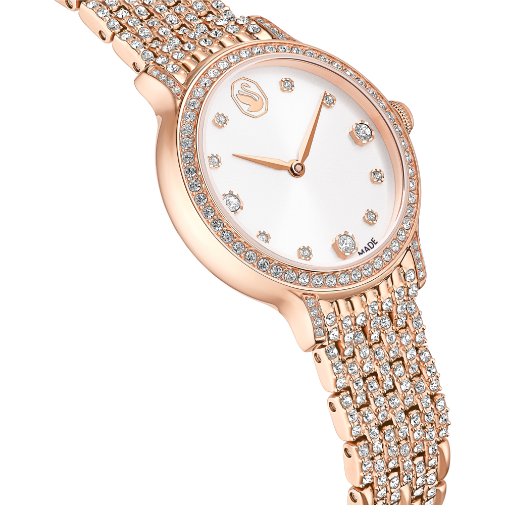 Rose gold watch with diamond-studded bracelet on a white background