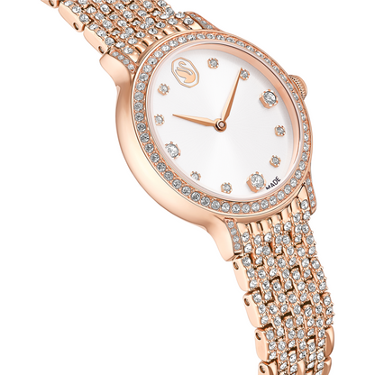 Rose gold watch with diamond-studded bracelet on a white background