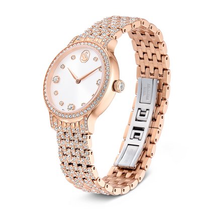 Rose gold watch with diamond-studded band on a white background