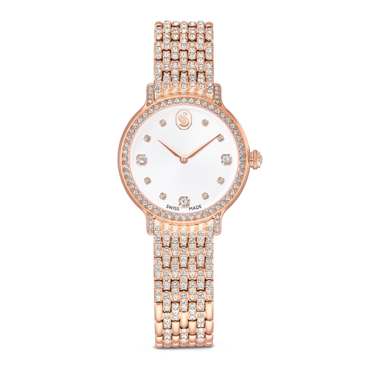 Rose gold watch with diamond-studded bracelet on a white background
