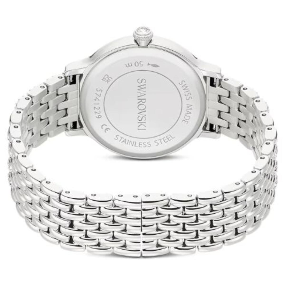 Silver Swarovski watch with chain strap on a white background