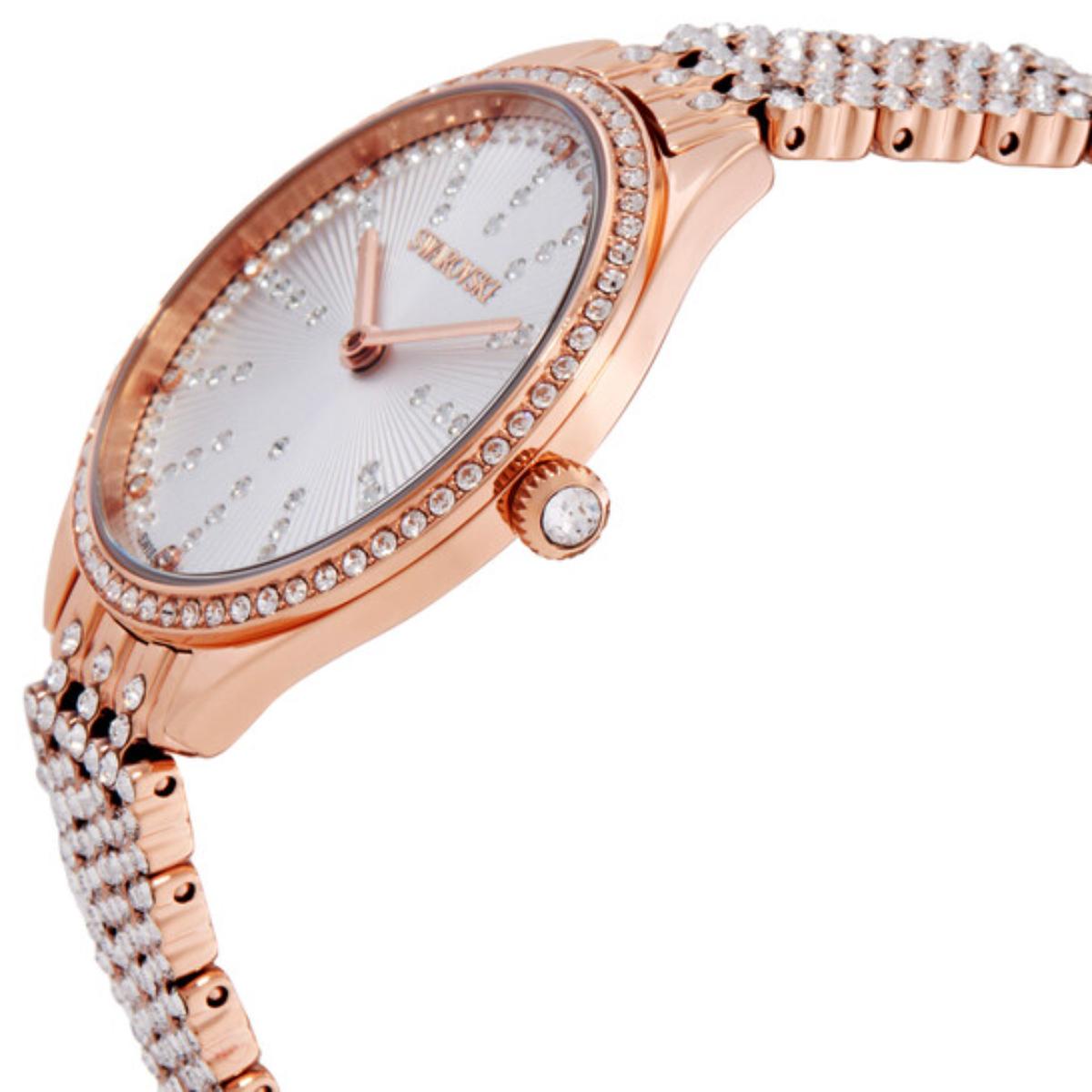 Rose gold watch with diamond-studded band on a white background