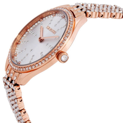Rose gold watch with diamond-studded band on a white background