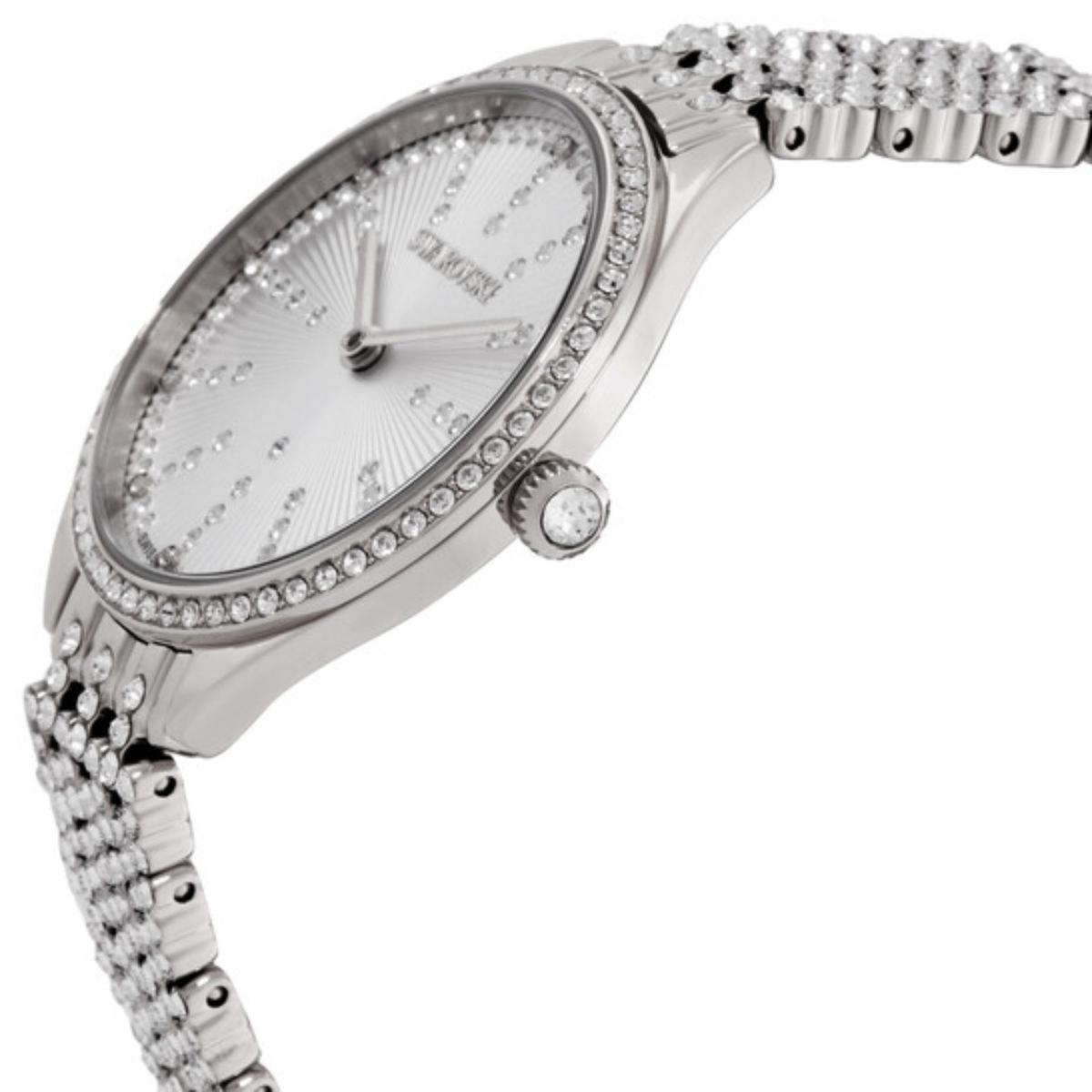 Silver watch with gemstone accents on a white background