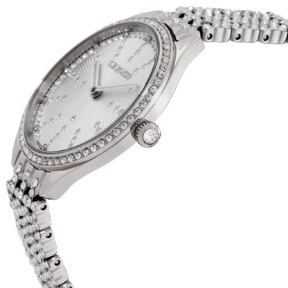 Silver watch with gemstone accents on a white background