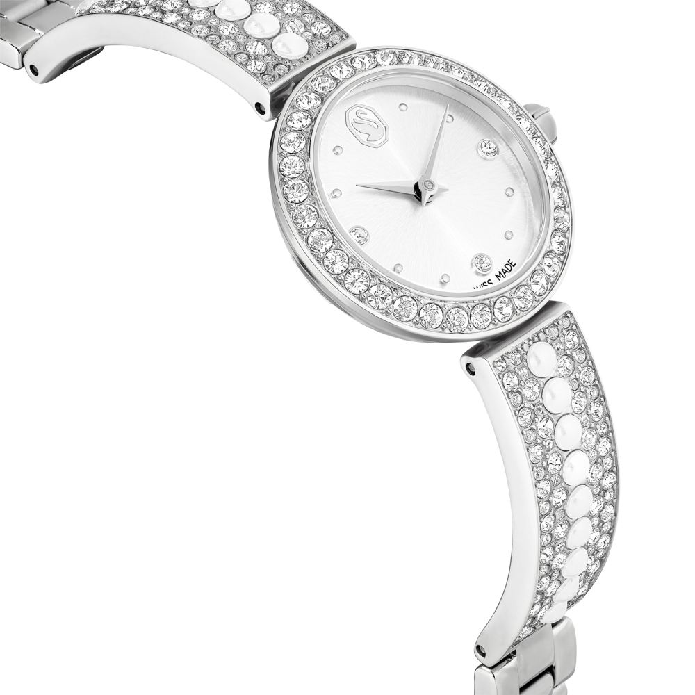 Silver watch with crystal embellishments on a white background