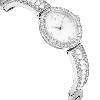 Silver watch with crystal embellishments on a white background