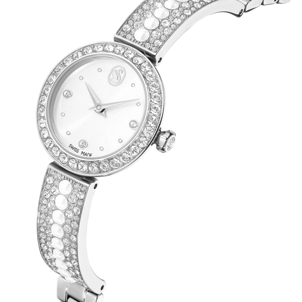Silver watch with crystal embellishments on a white background
