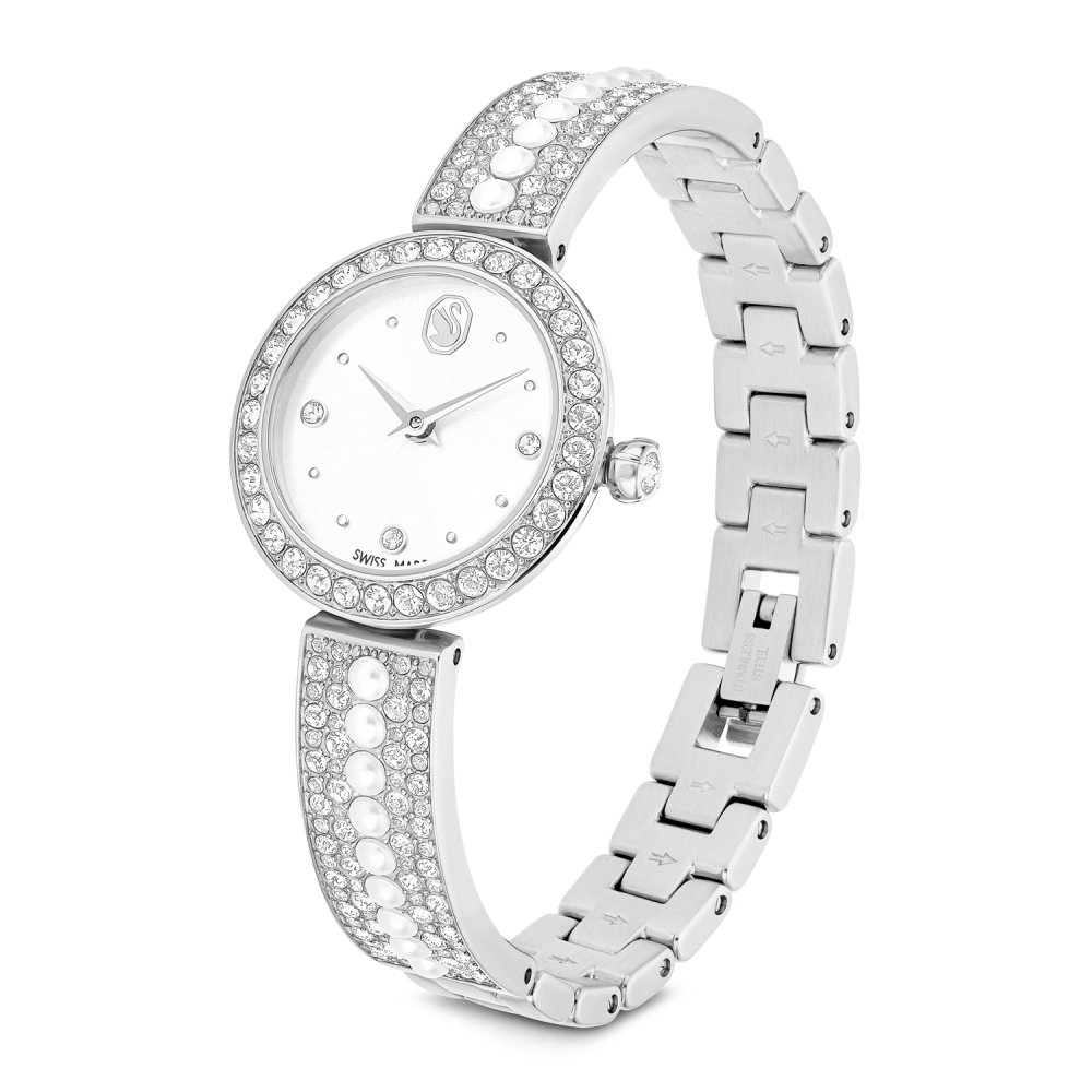 Silver watch with crystal embellishments on a white background