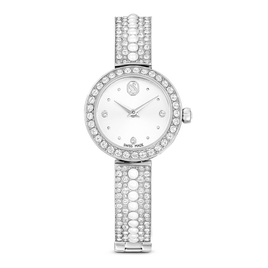 Silver watch with crystal-studded band on a white background