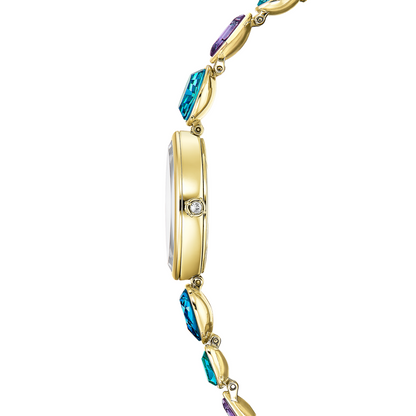 Gold watch with gemstone accents on a white background
