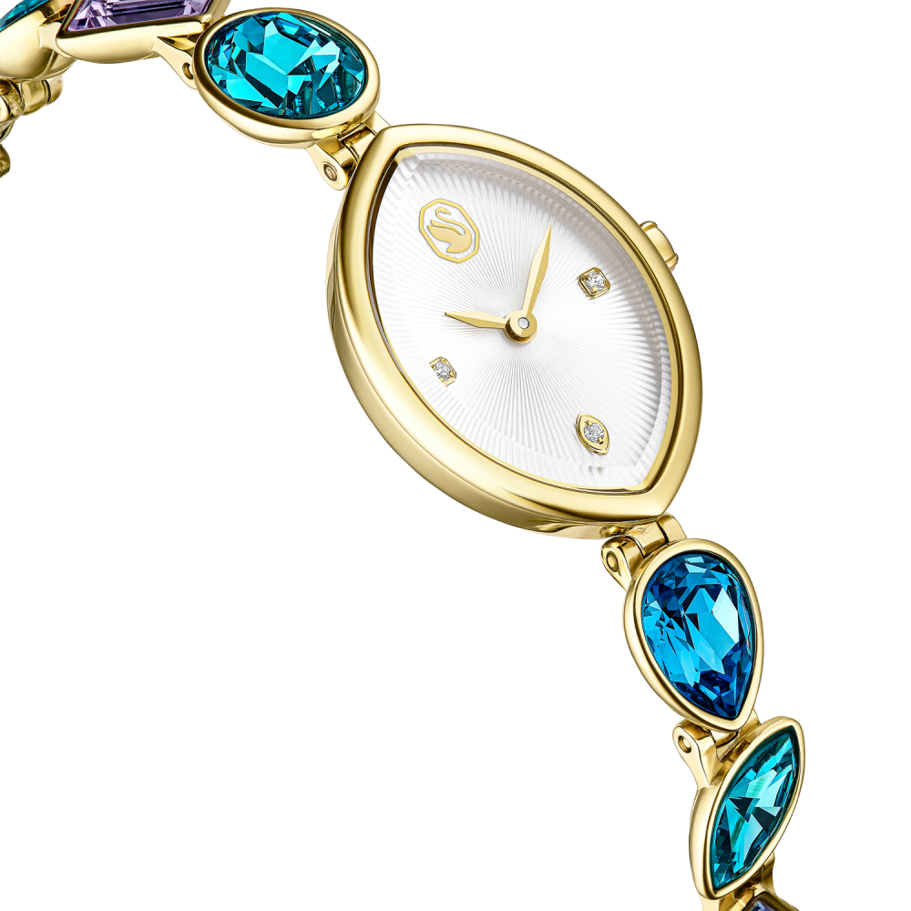 Gold watch with blue gemstones on a white background