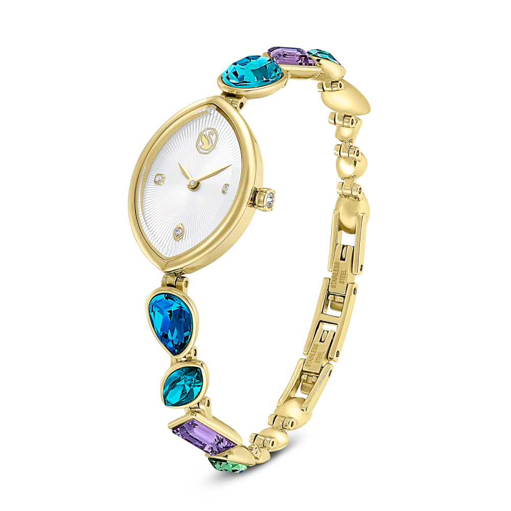 Gold watch with colorful gemstones on a white background
