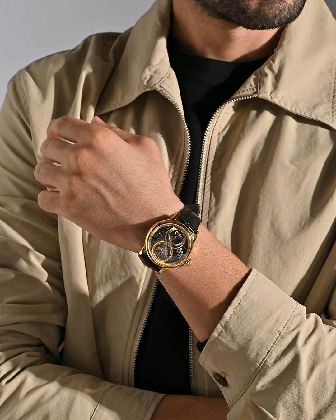 Britime Eclipse Printed Gold Dial Leather Textured Straps Analogue Automatic Watch 675-L20406