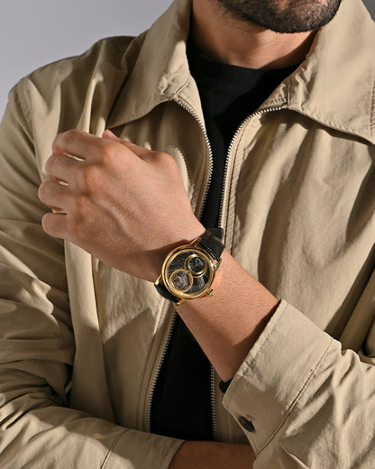 Britime Eclipse Printed Gold Dial Leather Textured Straps Analogue Automatic Watch 675-L20406