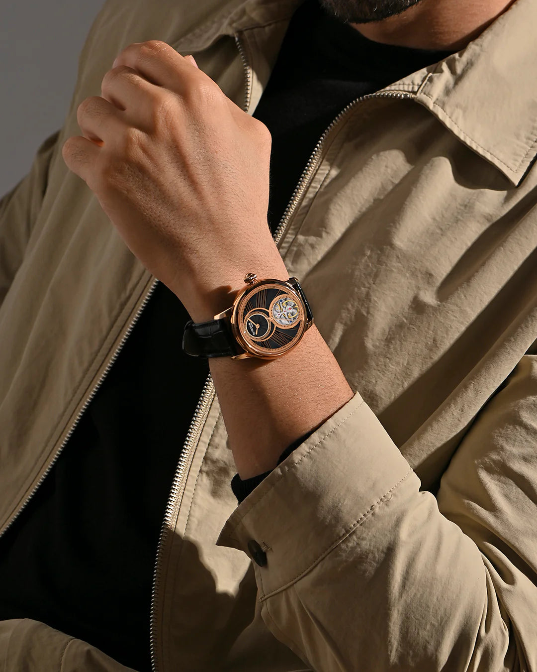 Britime Eclipse Black Dial Leather Textured Straps Analogue Automatic Watch 675-L30406