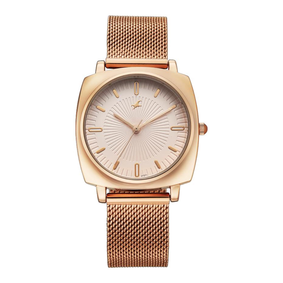 Rose gold watch with a white face on a white background
