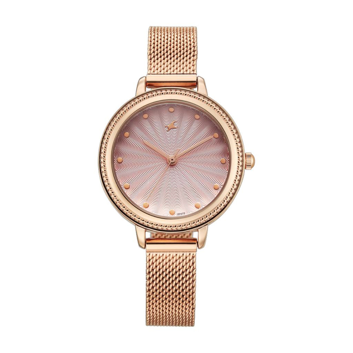 Rose gold watch with mesh band on a white background