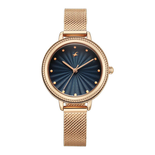 Rose gold watch with a blue face on a white background