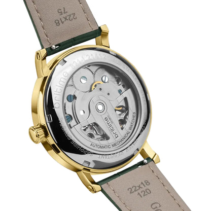 Close-up of a mechanical watch with gold case and beige leather strap on a white background
