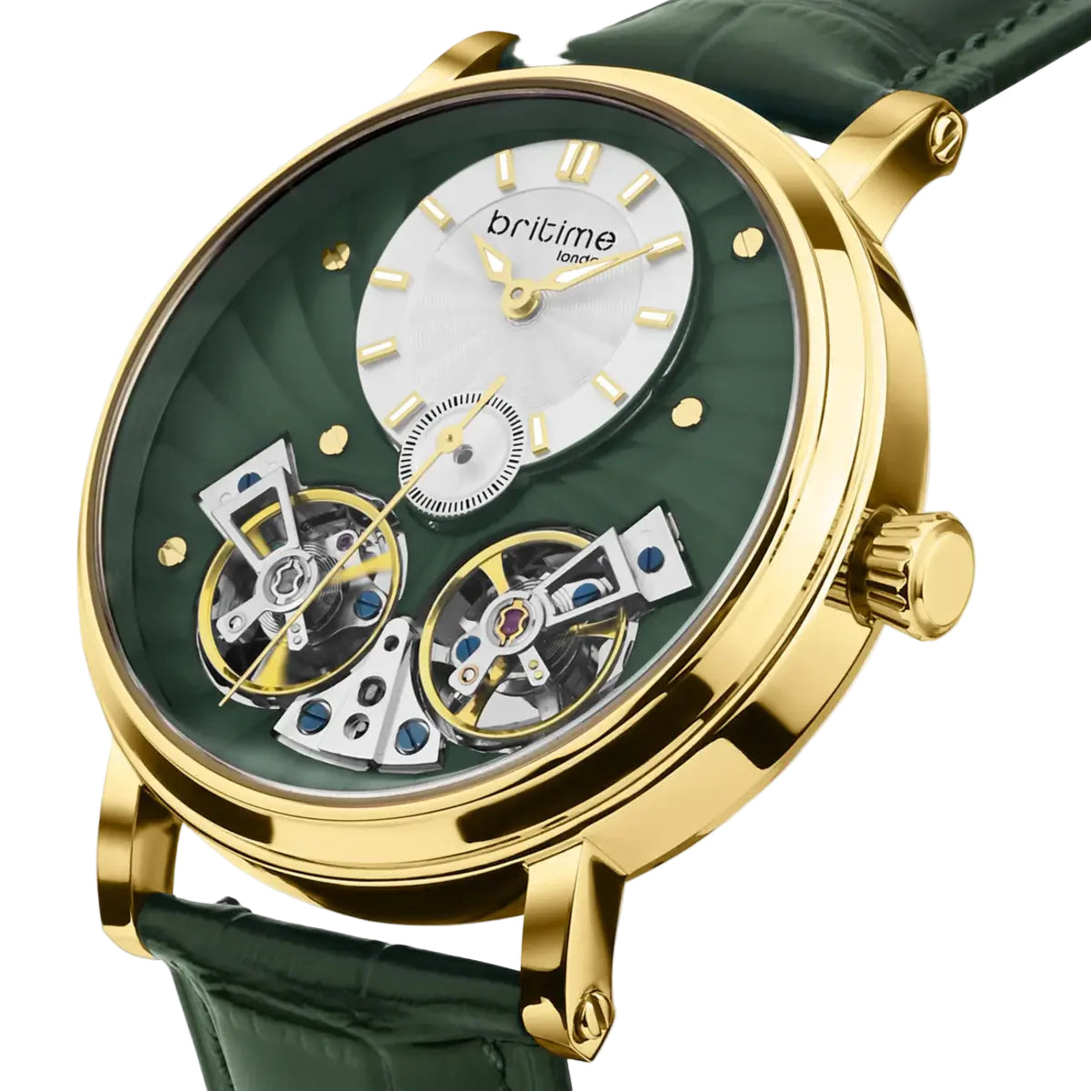 Luxury watch with green strap and gold case on a light gray background