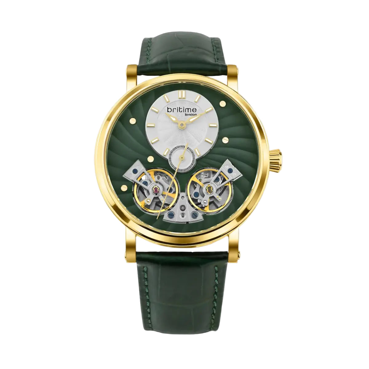 Green watch with gold case and green leather strap on a white background