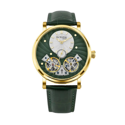 Green watch with gold case and green leather strap on a white background