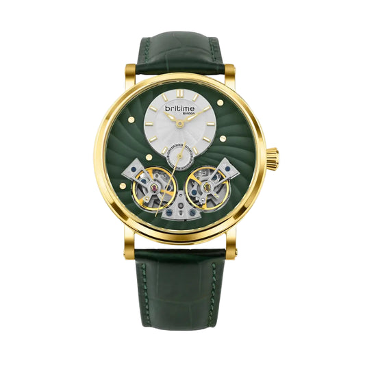 Green watch with gold case and green leather strap on a white background