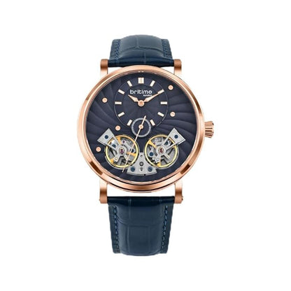 Watch with blue strap and rose gold case on white background