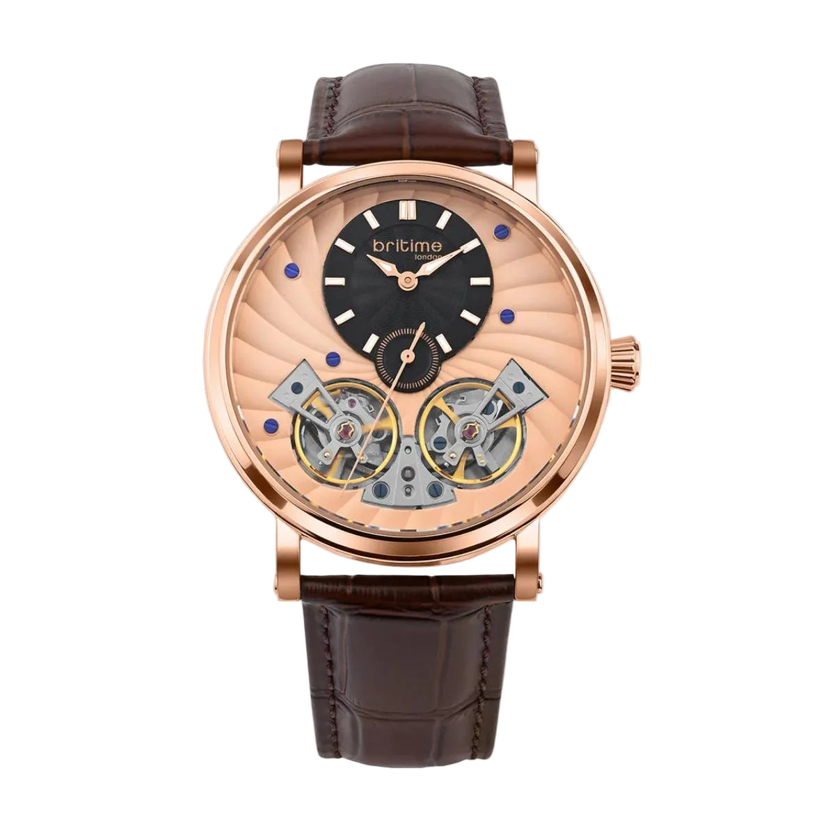 Luxury watch with brown leather strap and rose gold case on a light gray background