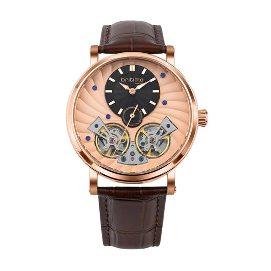 Luxury watch with brown leather strap and rose gold case on a light gray background