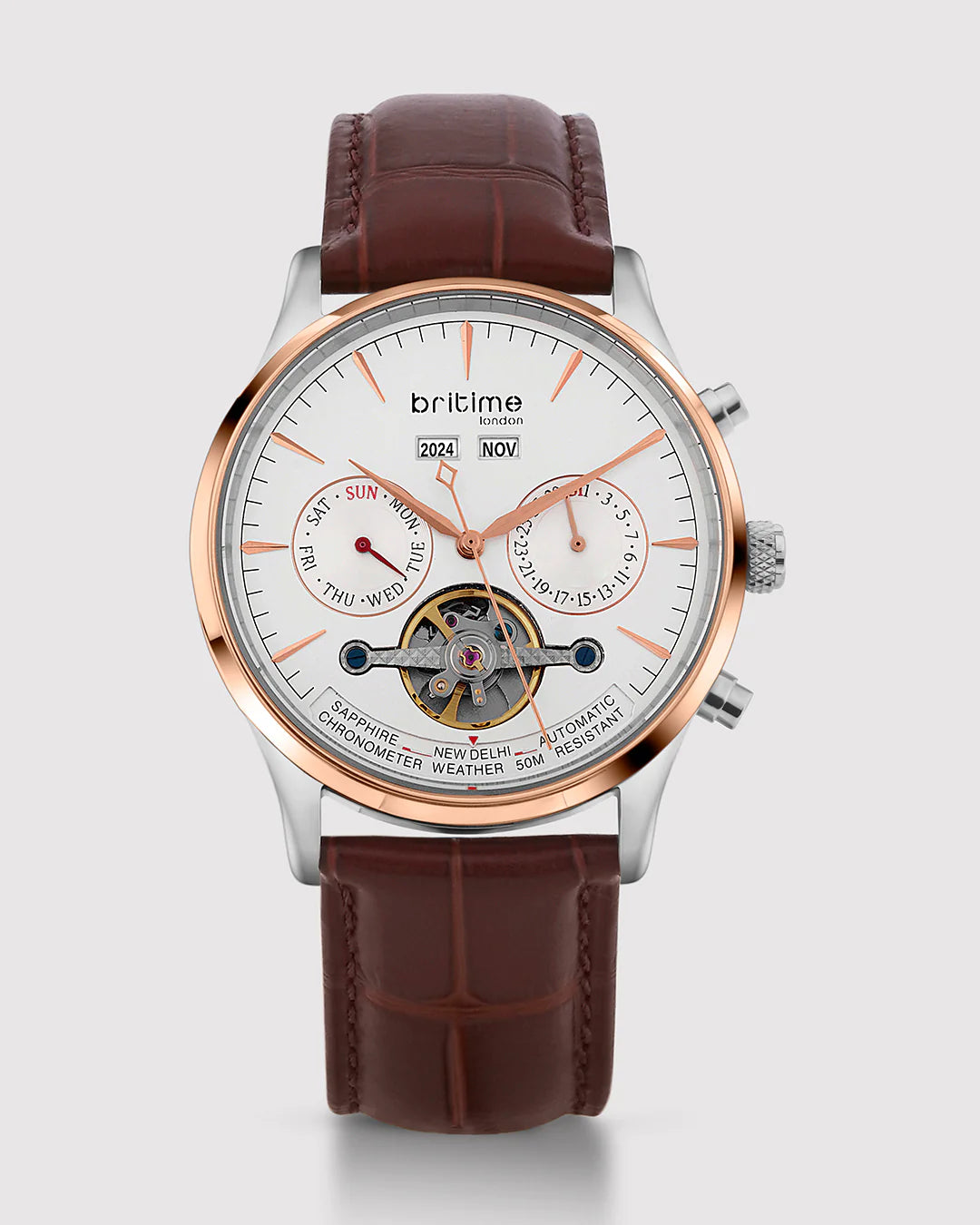 Britime Celestial Silver Dial With Leather Strep Multifunction Automatic Men's Watch - 867-L30308