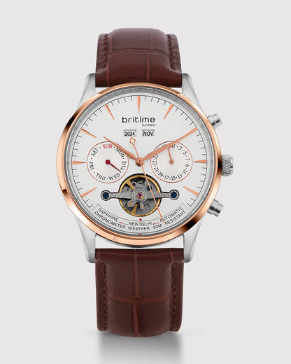 Britime Celestial Silver Dial With Leather Strep Multifunction Automatic Men's Watch - 867-L30308