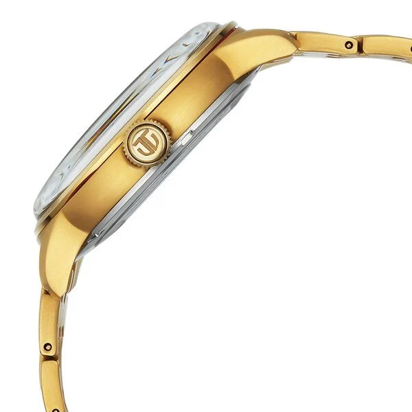 Gold watch with a visible brand logo on a white background