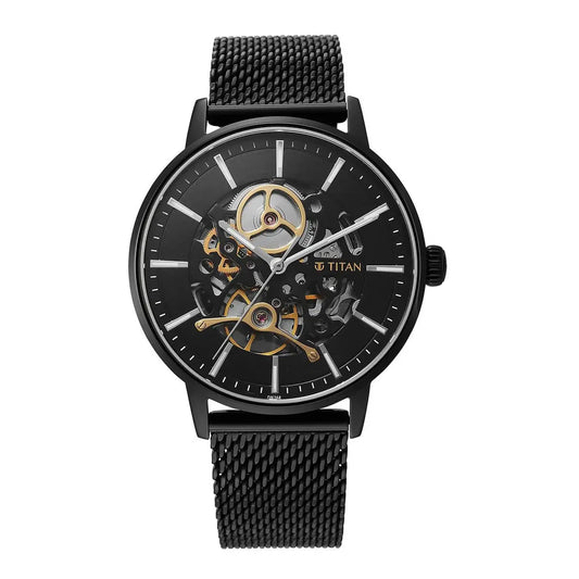 Titan Mechanical Slimline Black Dial Black Mesh Strap Watch for Men 90159NM01