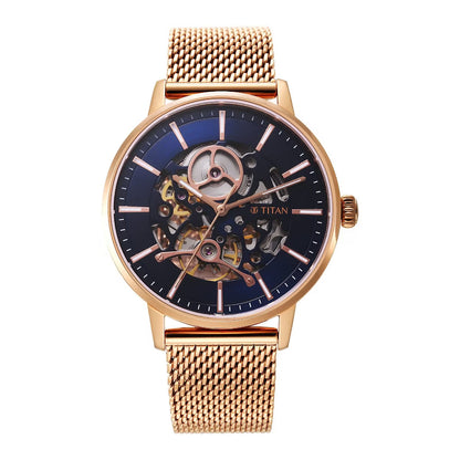 Titan Mechanical Slimline Blue Dial Rose Golden Mesh Strap watch for Men 90159WM01