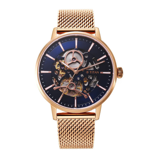Titan Mechanical Slimline Blue Dial Rose Golden Mesh Strap watch for Men 90159WM01