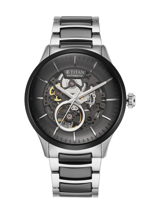 Titan Ceramic Fusion Automatic Black Dial Silver Dual-Tone Men Watch 90174KD01