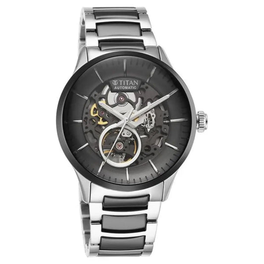 Titan Ceramic Fusion Automatic Black Dial Silver Dual-Tone Men Watch 90174KD01