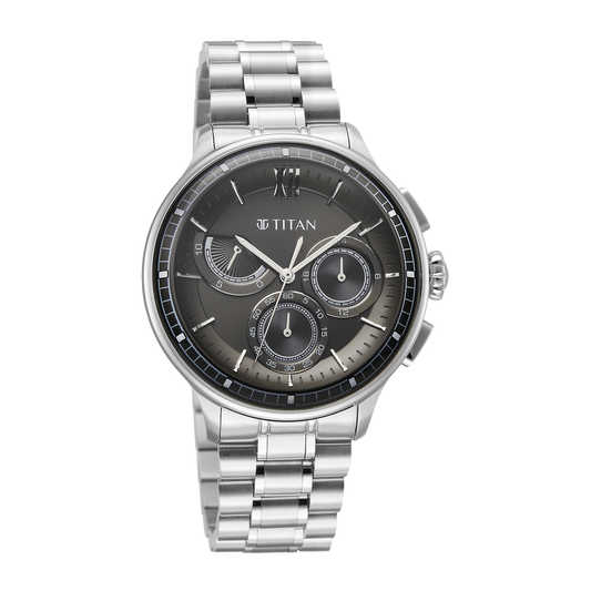 Titan watch with silver bracelet and black dial on a white background