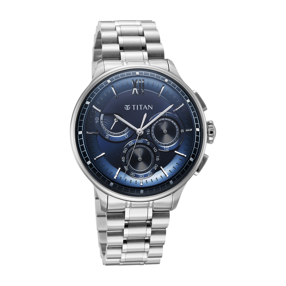 Titan watch with blue dial and silver metal strap on a white background