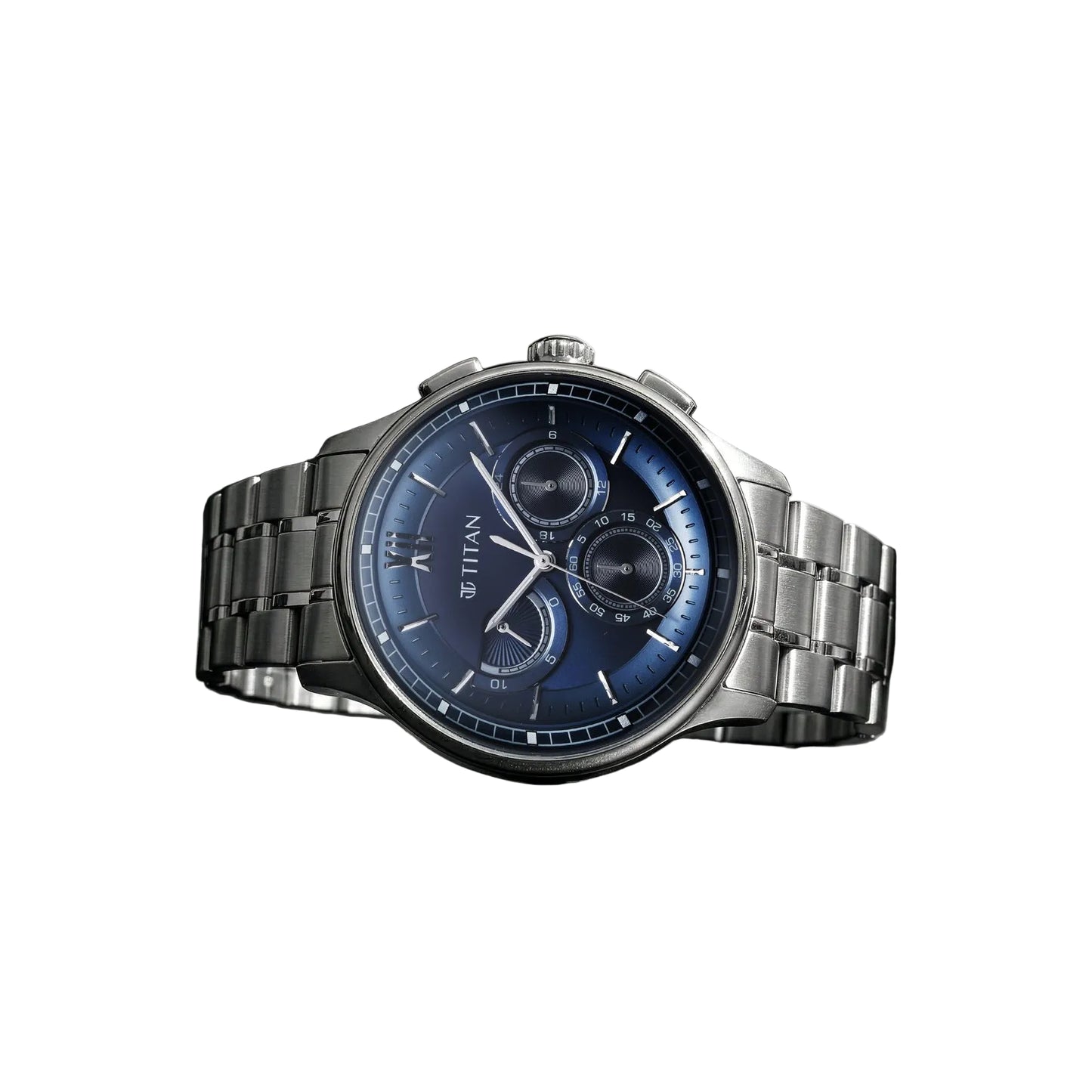 Titan watch with blue face and silver metal strap on a dark background