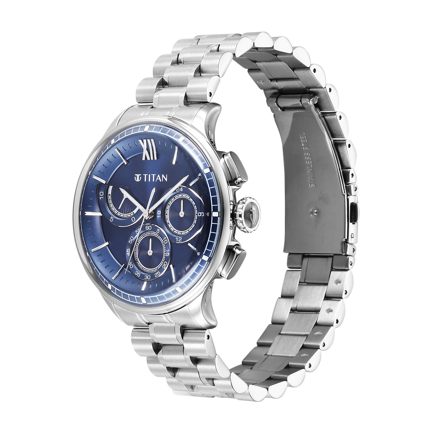 Titan watch with silver band and blue dial on a white background