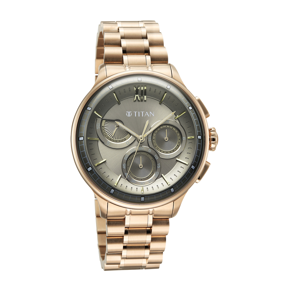 Titan watch with rose gold strap and gray dial on a white background