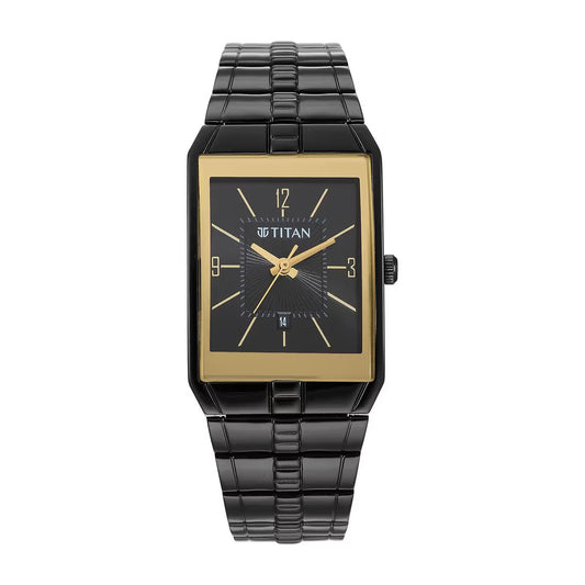 Titan Quartz Analog Black Dial Stainless Steel Strap Watch for Men 9151NM01